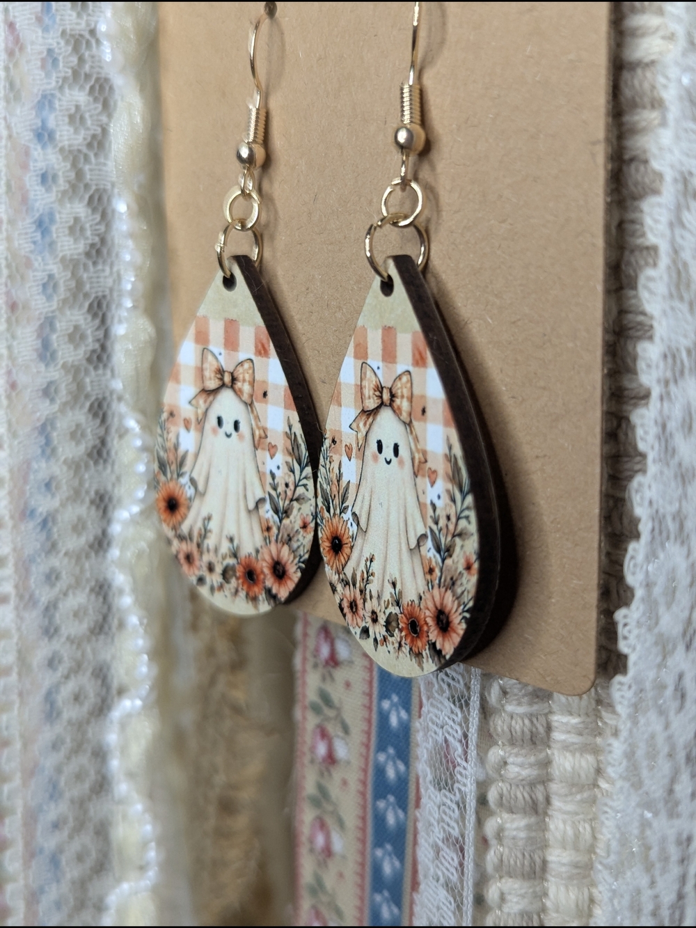 Cute Halloween Ghost Teardrop Earrings in Peach & Cream - Picture 3 of 5